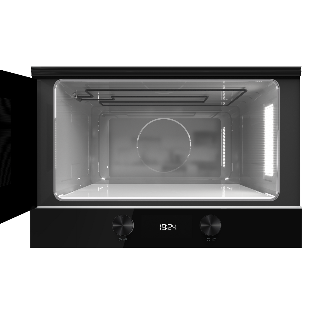 Black TEKA microwave oven with digital display on a white background