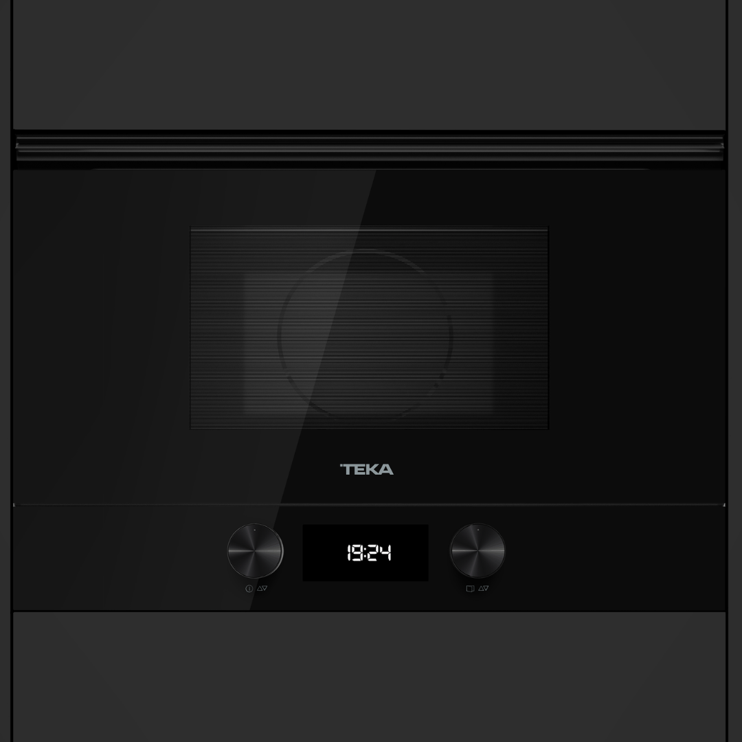 Black Teka Microwave Oven with digital display and control knobs on a transparent background