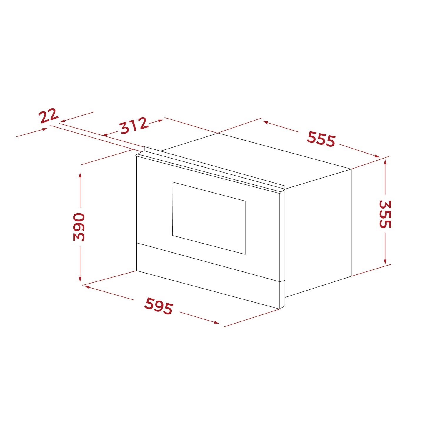 Technical drawing of a rectangular box with dimensions labeled