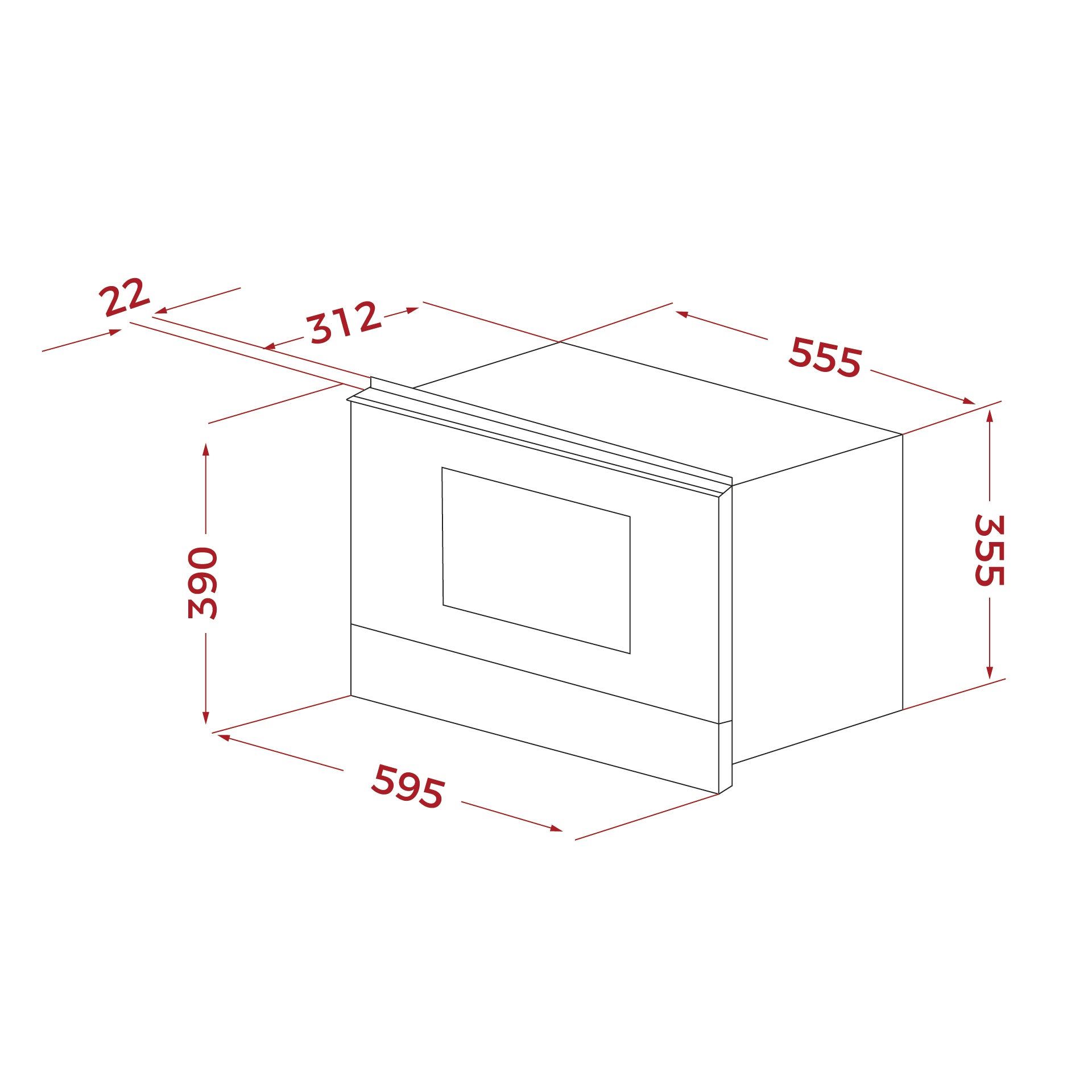 Technical drawing of a rectangular box with dimensions labeled