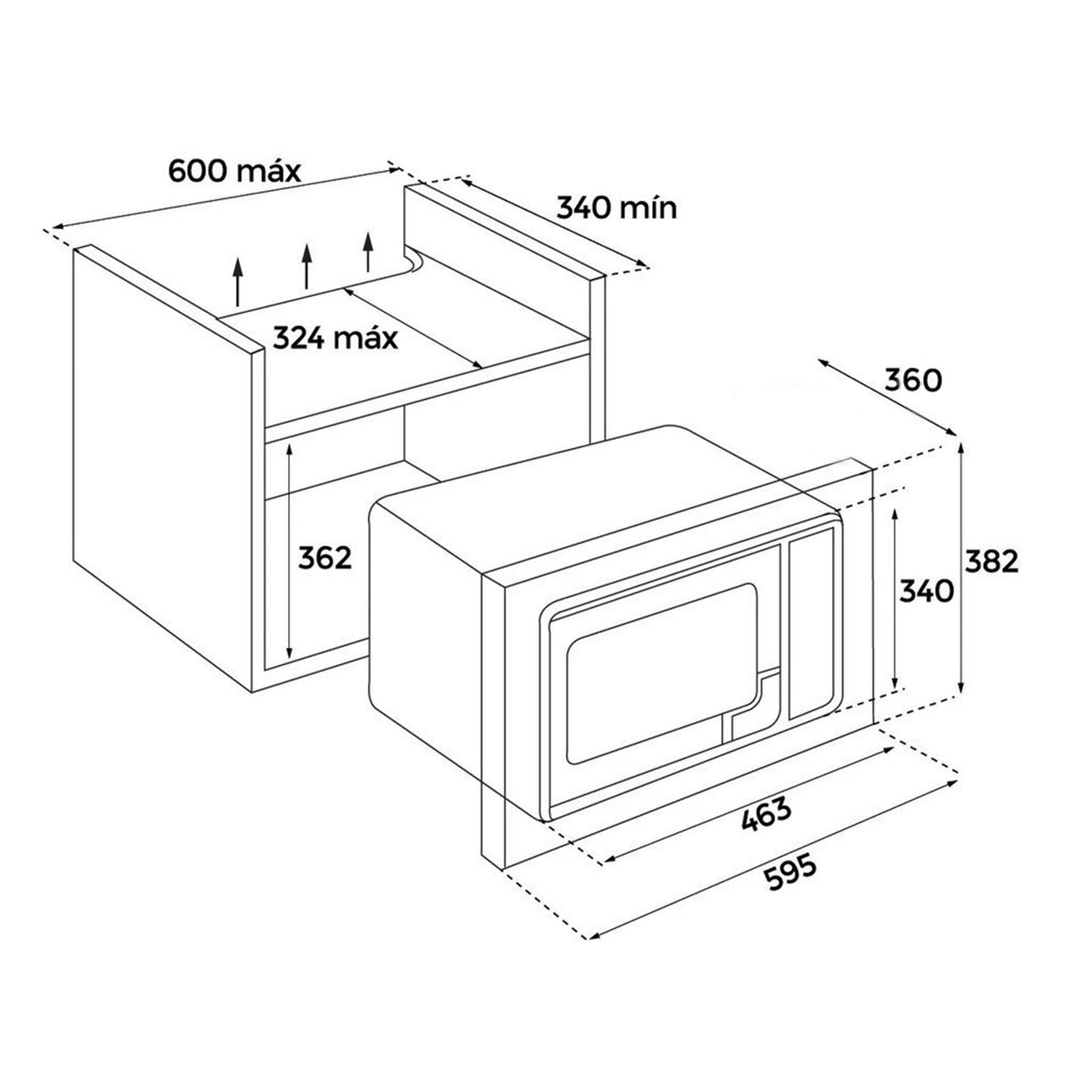 Technical drawing of a microwave oven with dimensions labeled