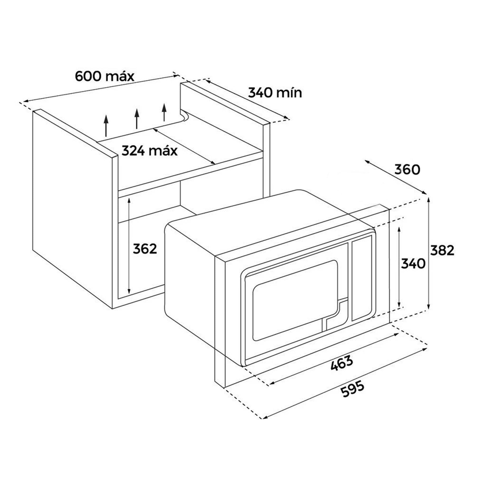 Technical drawing of a microwave oven with dimensions labeled