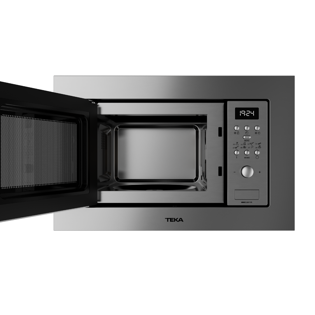 Stainless steel TEKA microwave oven with open door on a white background