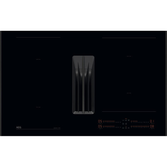 Black AEG induction cooktop on a white background