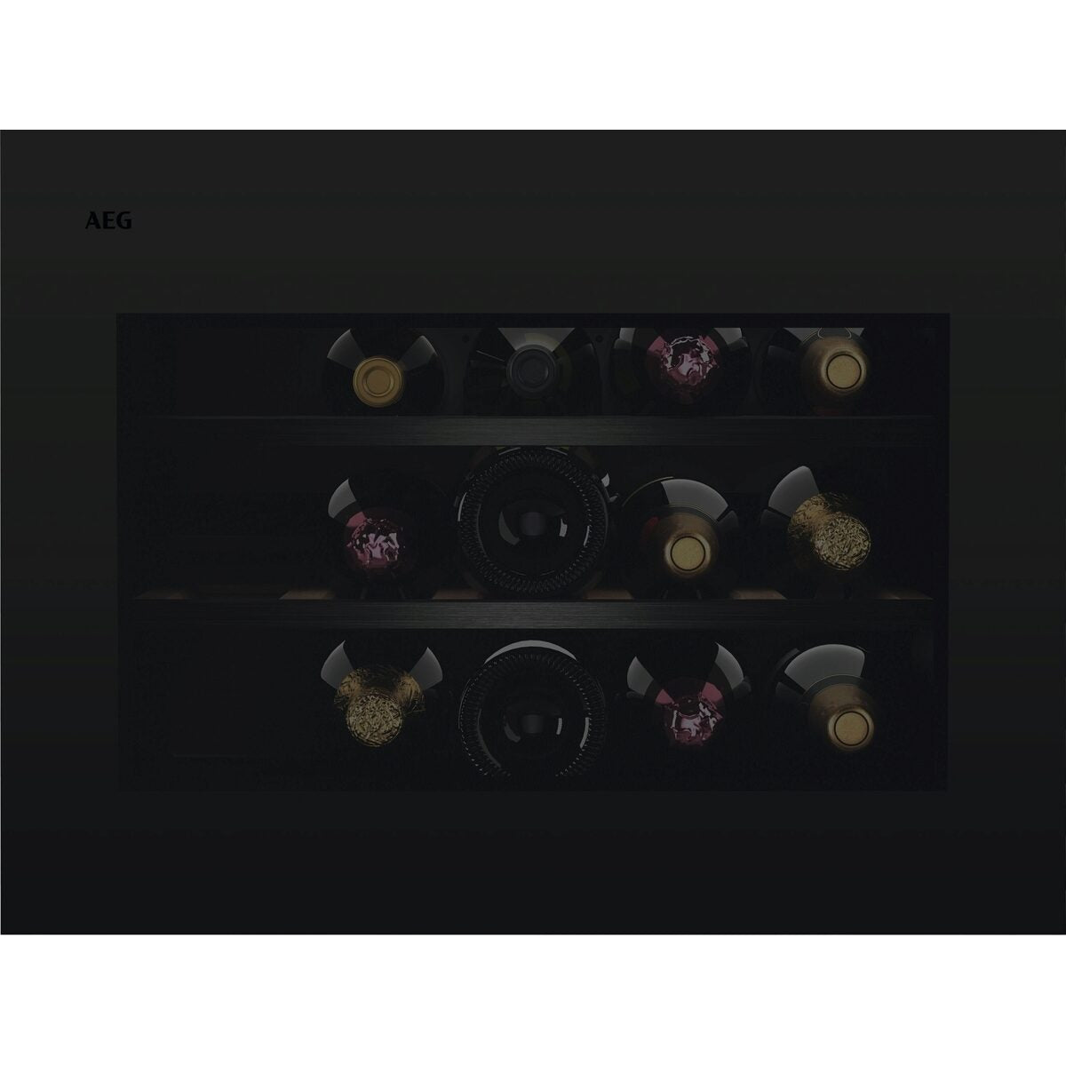 Wine bottles arranged in an AEG wine cooler.