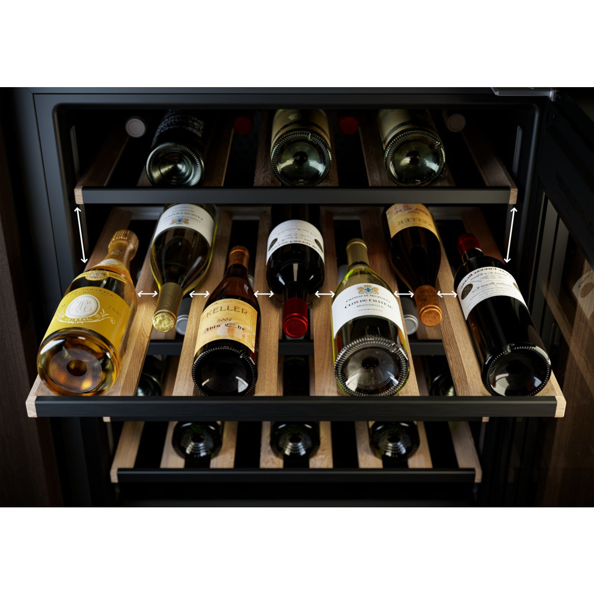 Wine bottles arranged in an AEG wooden wine rack inside a cabinet.