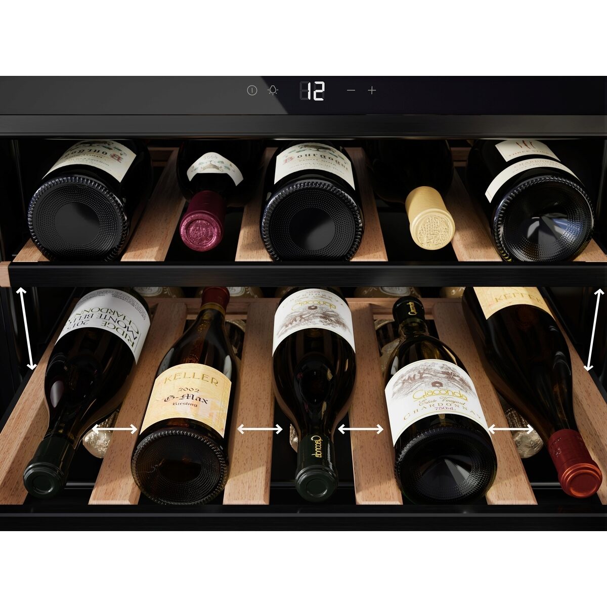 Wine bottles arranged in an AEG wine cooler with visible brand labels.
