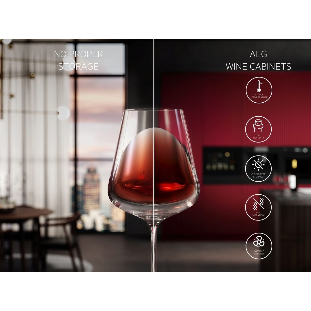 Glass of red wine with AEG wine cabinet icons on a black background