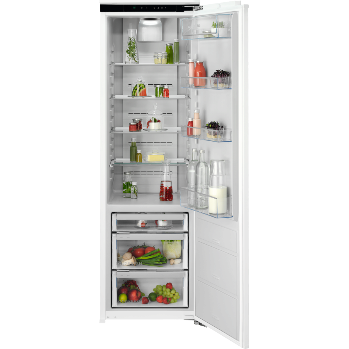 Open AEG refrigerator with various food items on a white background