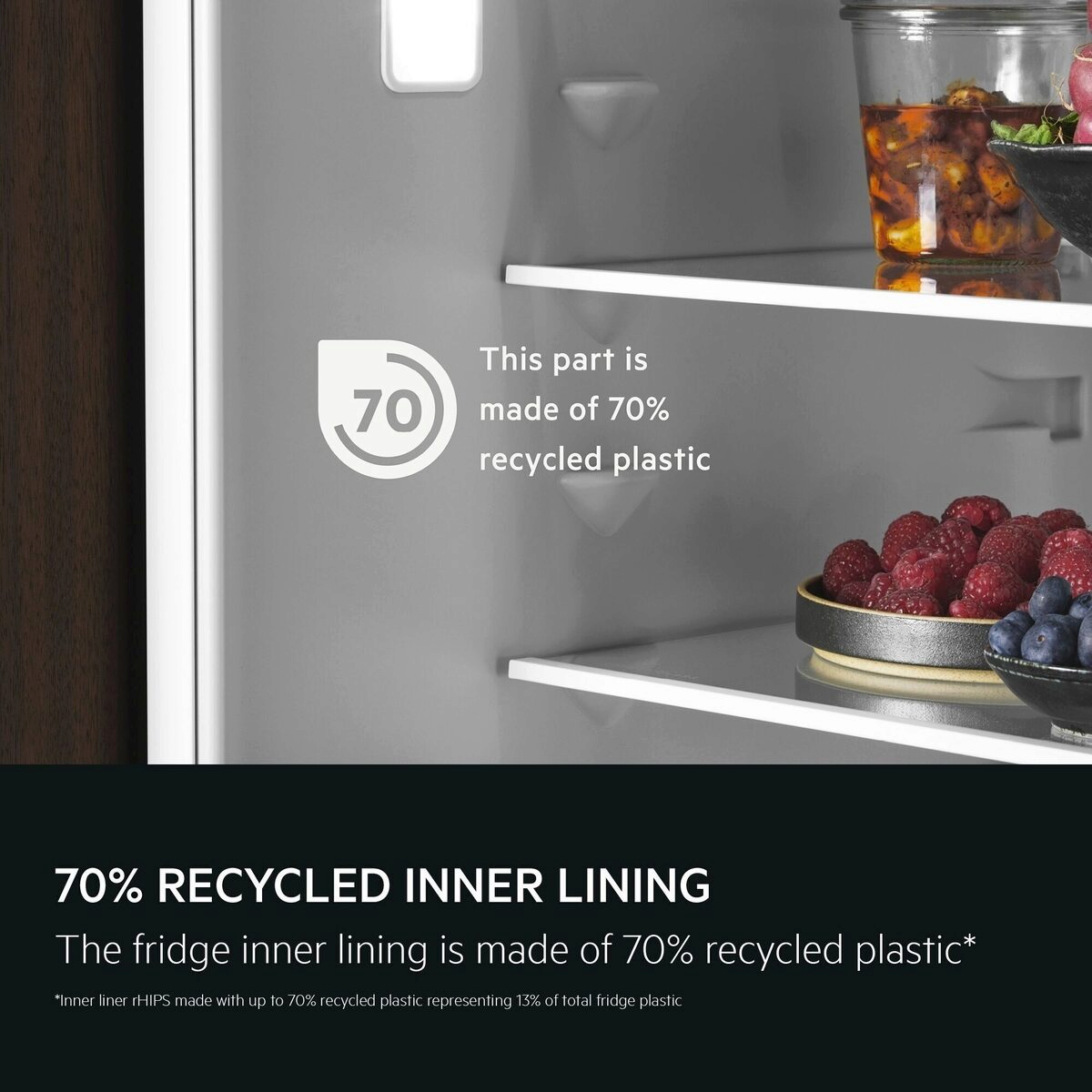 AN AEG Refrigerator interior with 70% recycled plastic liner and food items.