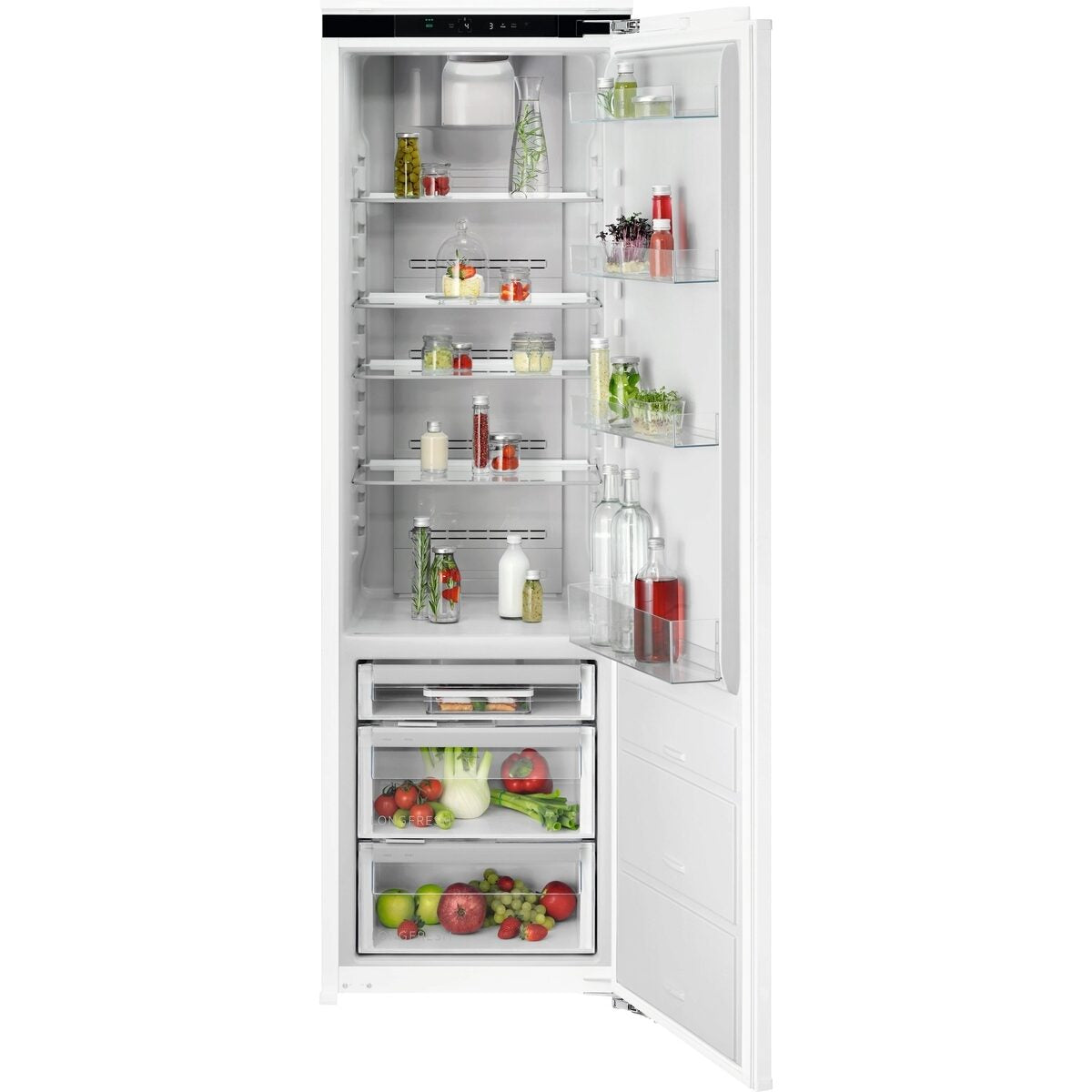 White AEG refrigerator with open door displaying various food items on a white background