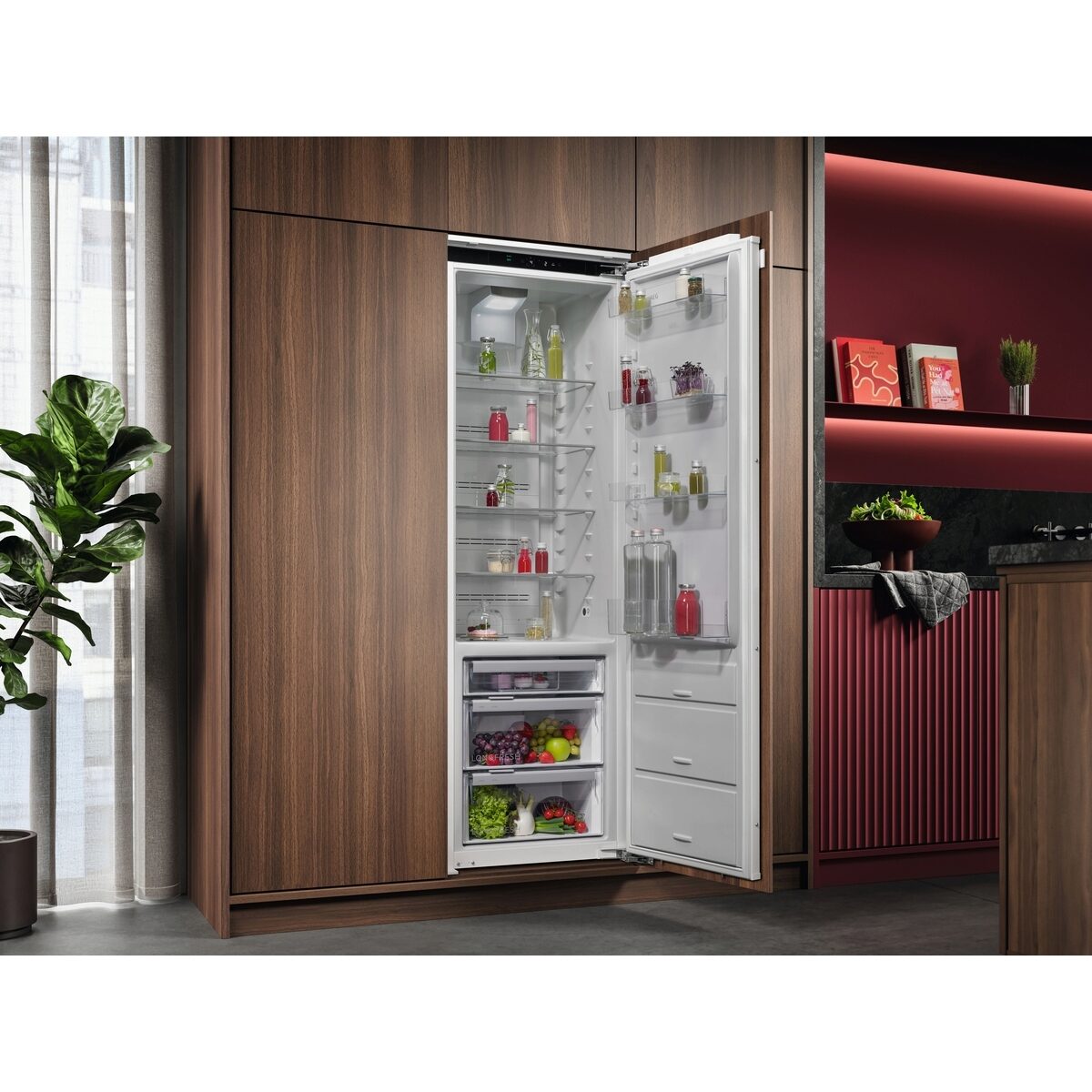 Modern AEG refrigerator with wooden door in a kitchen setting