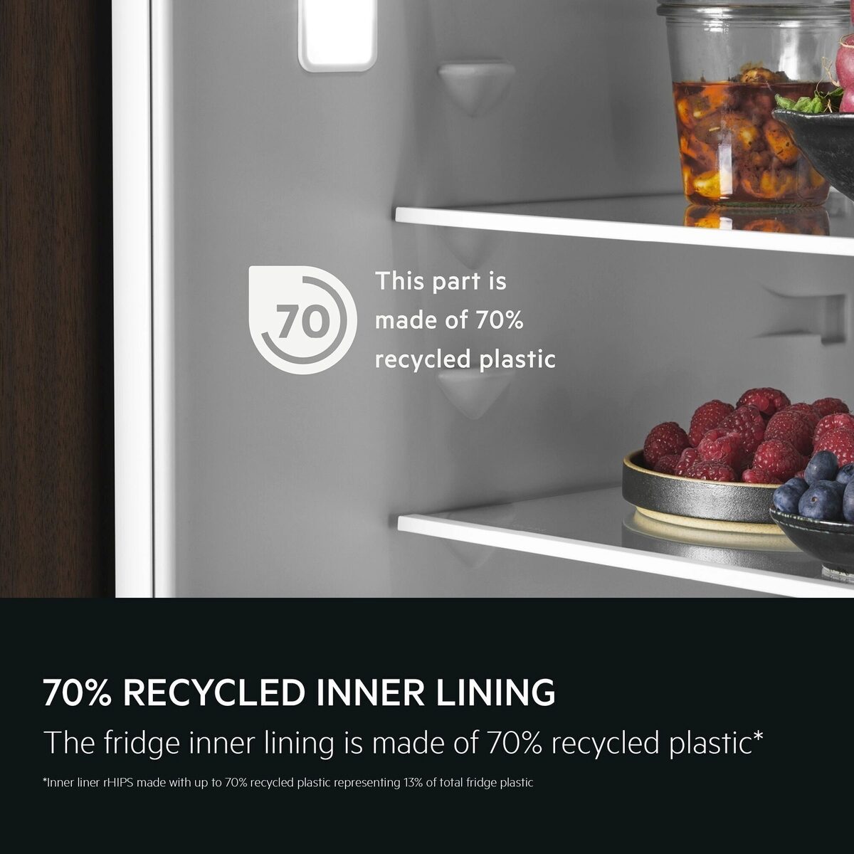 AEG Refrigerator interior with 70% recycled plastic liner label
