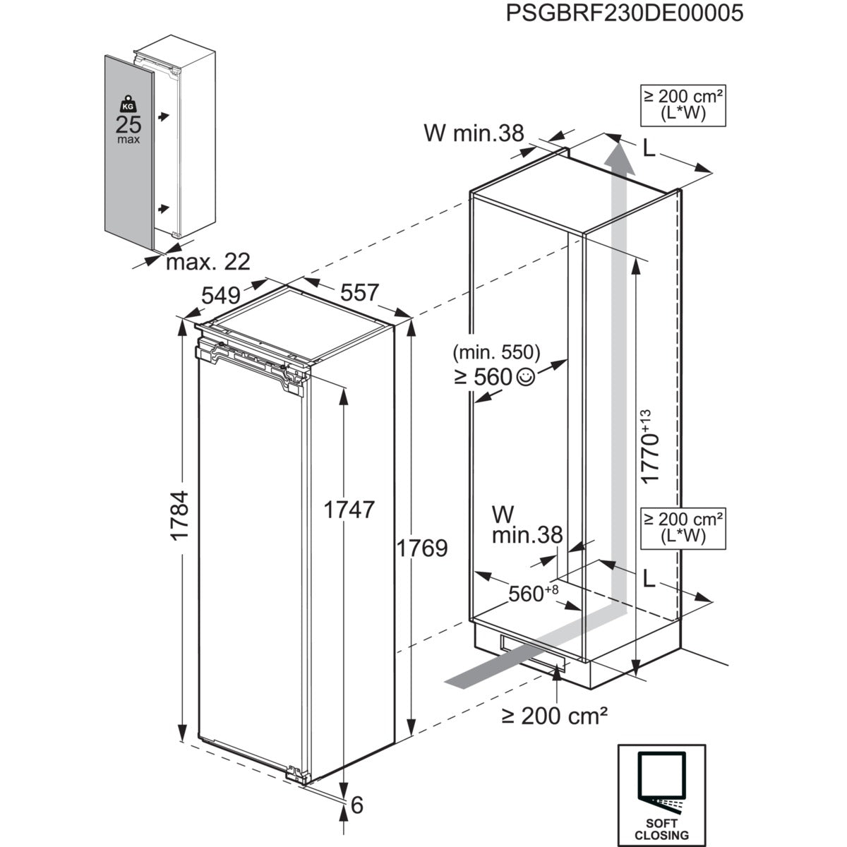 Technical drawing of a kitchen cabinet with dimensions labeled