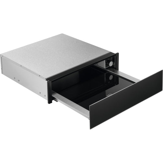 AEG Warming drawer unit with open black drawer on a white background
