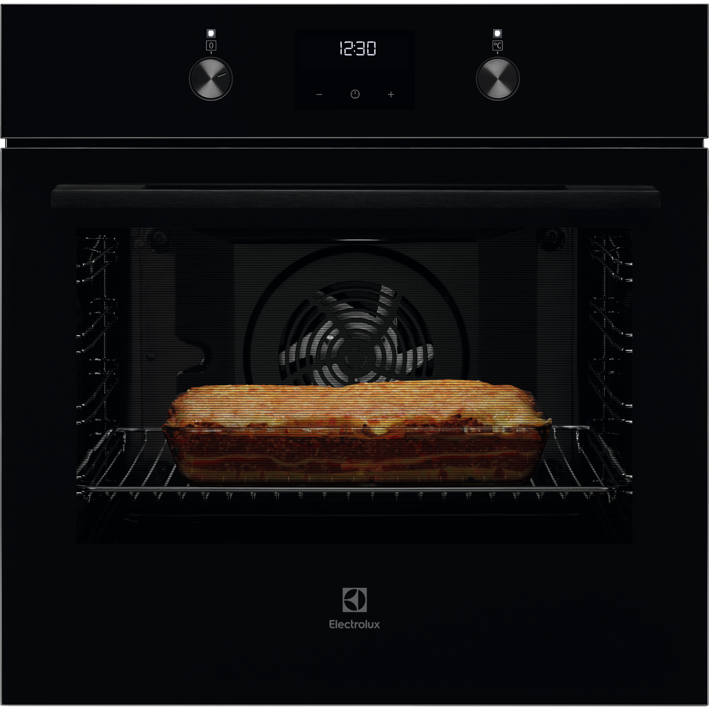 Electrolux Black oven with Lasagne inside, brand 'Electrolux' visible