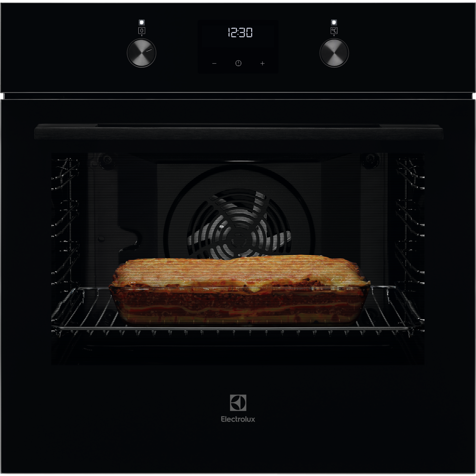 Electrolux Black oven with Lasagne inside, brand 'Electrolux' visible