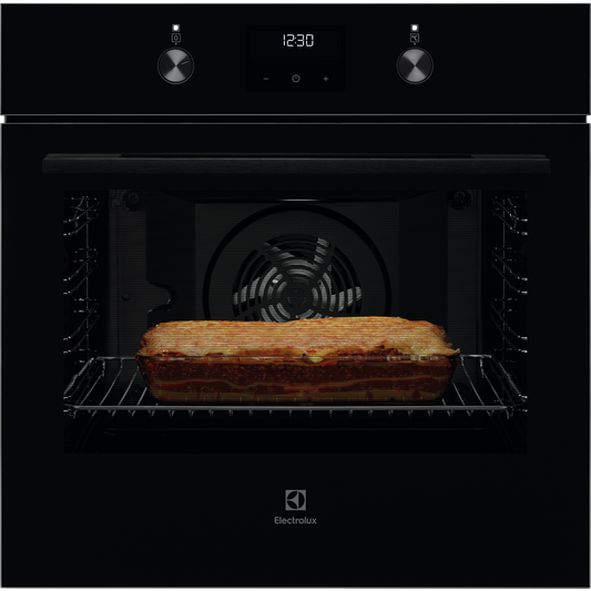 Electrolux Black oven with Lasagne inside, brand 'Electrolux' visible