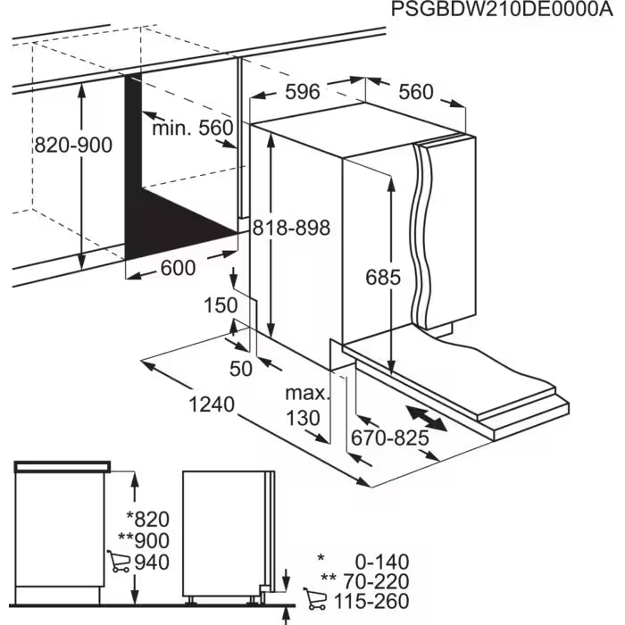 Technical drawing of a kitchen cabinet with dimensions labeled