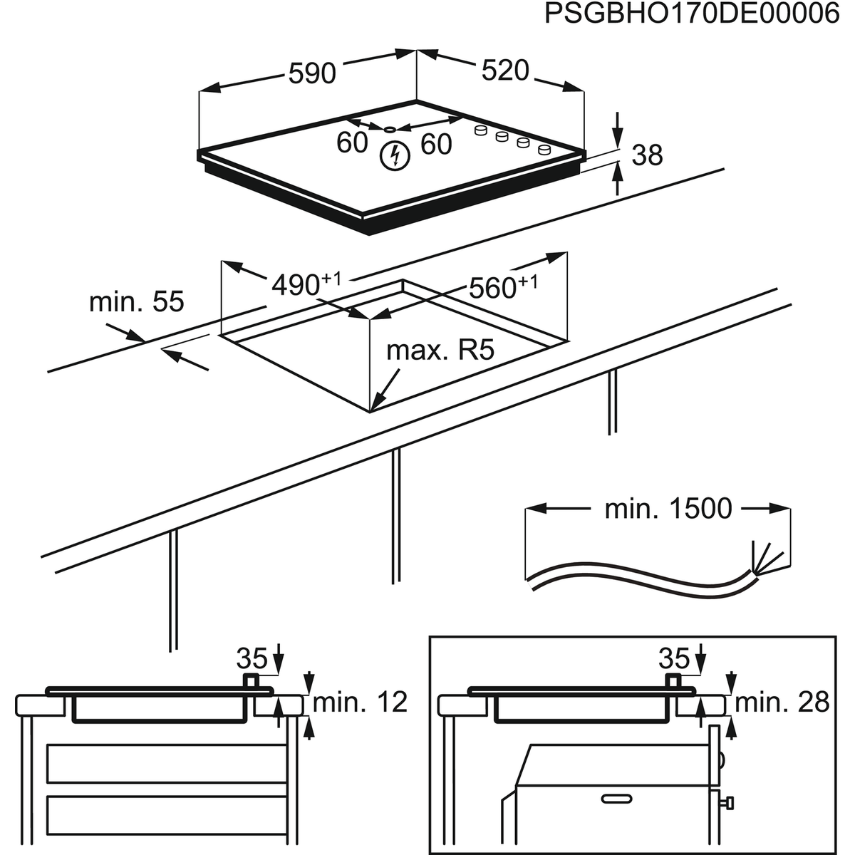 Technical diagram with measurements and specifications for a kitchen installation.