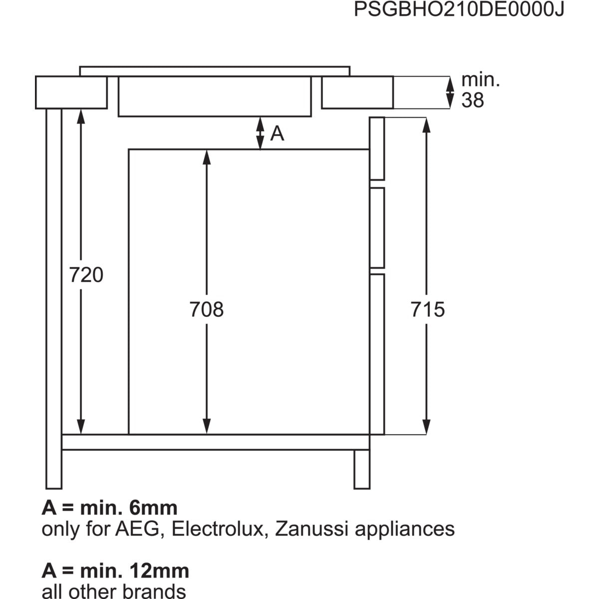 Technical drawing of a cabinet with dimensions labeled, including brand-specific minimum clearance requirements.