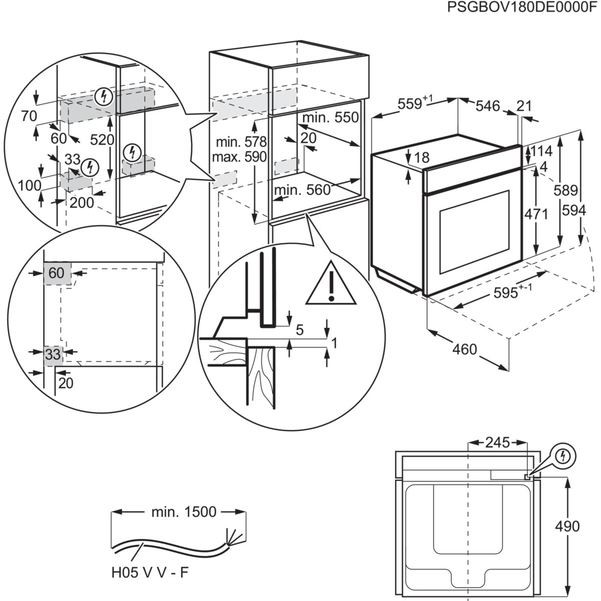 Technical drawing of a kitchen appliance with dimensions and installation requirements