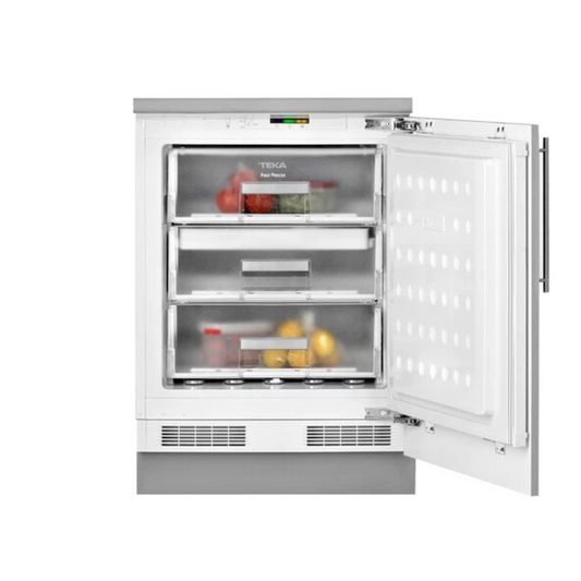 TEKA Undercounter Integrated Freezer with open door showing interior shelves and food items on a white background