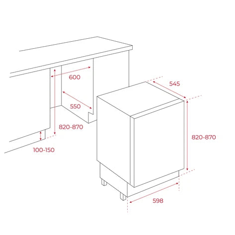 Technical drawing of a kitchen cabinet with dimensions labeled