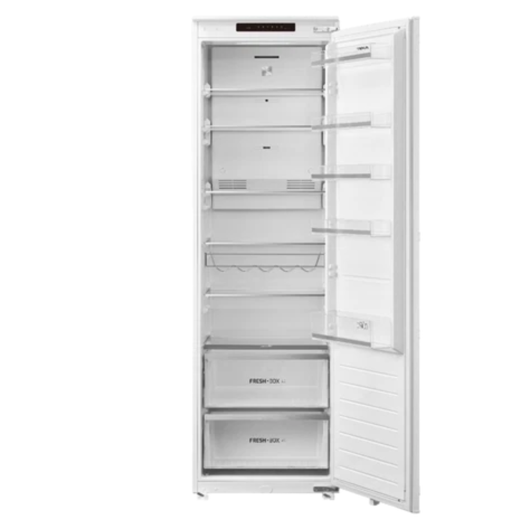 White TEKA refrigerator with open door on a white background