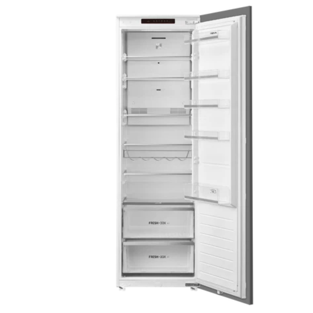 White TEKA refrigerator with open door on a white background