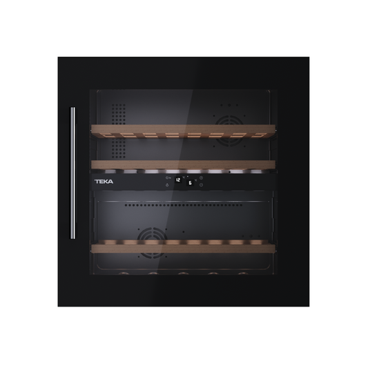 Teka wine cooler with black frame and wooden shelves on a white background