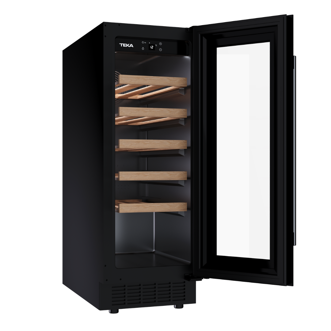 Teka Black wine cooler with open door displaying wooden shelves on a white background