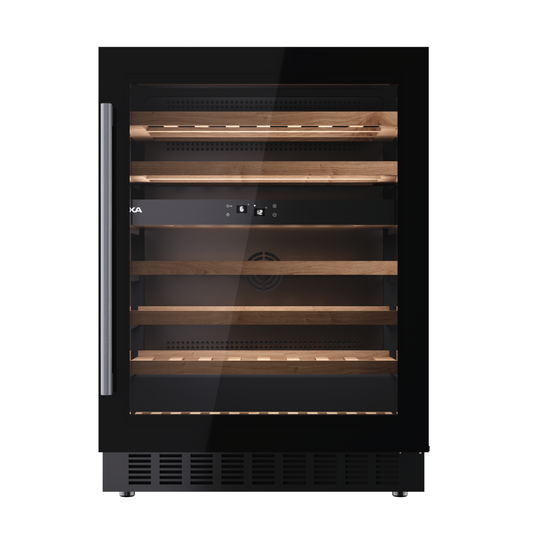Teka Black wine cooler with wooden shelves on a white background
