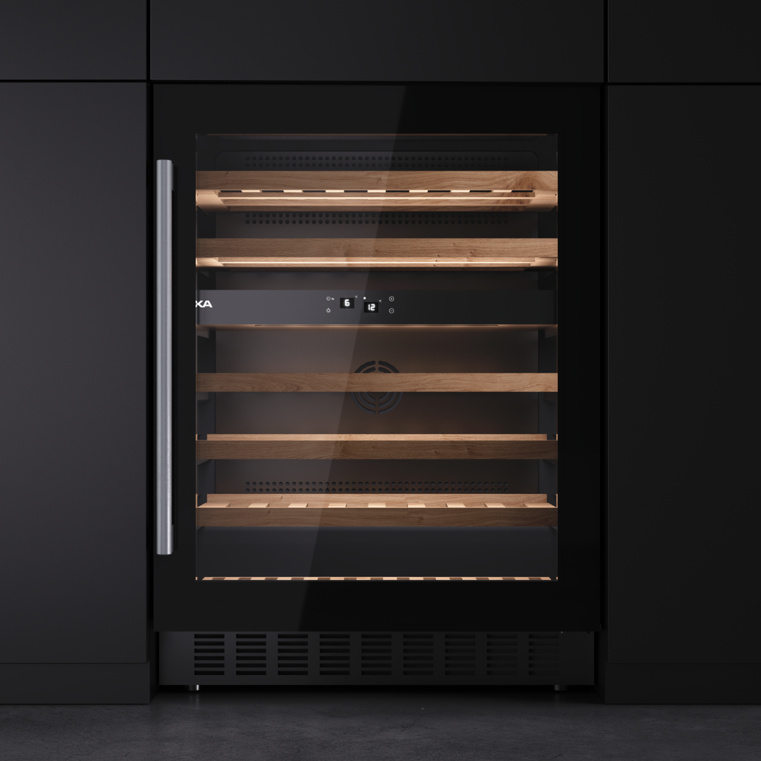 Teka Black Wine cooler with glass door on a black background