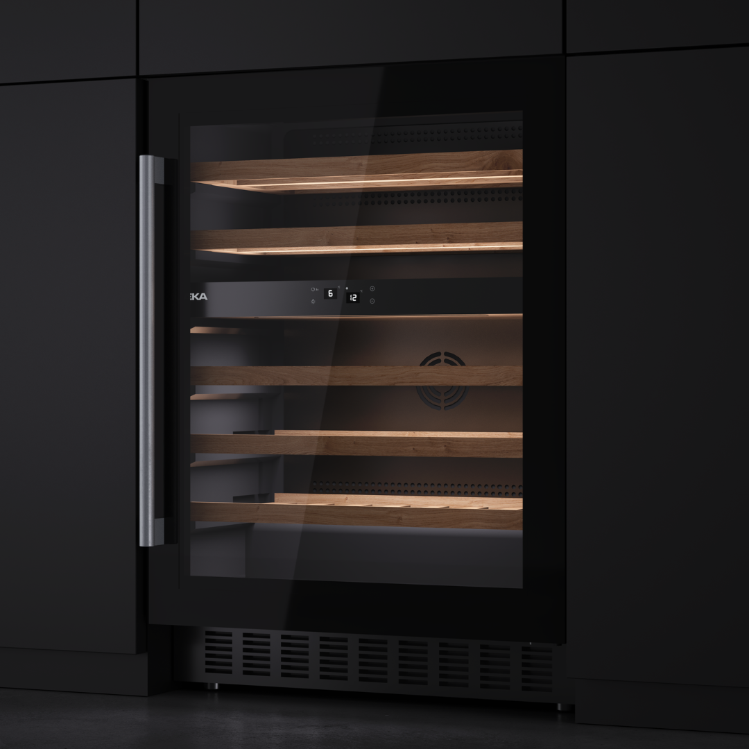 Teka Black Wine cooler with wooden shelves on a black background