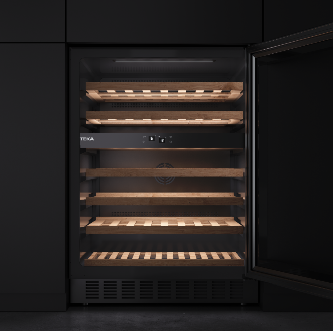 Teka Black wine cooler with open door in a dark setting