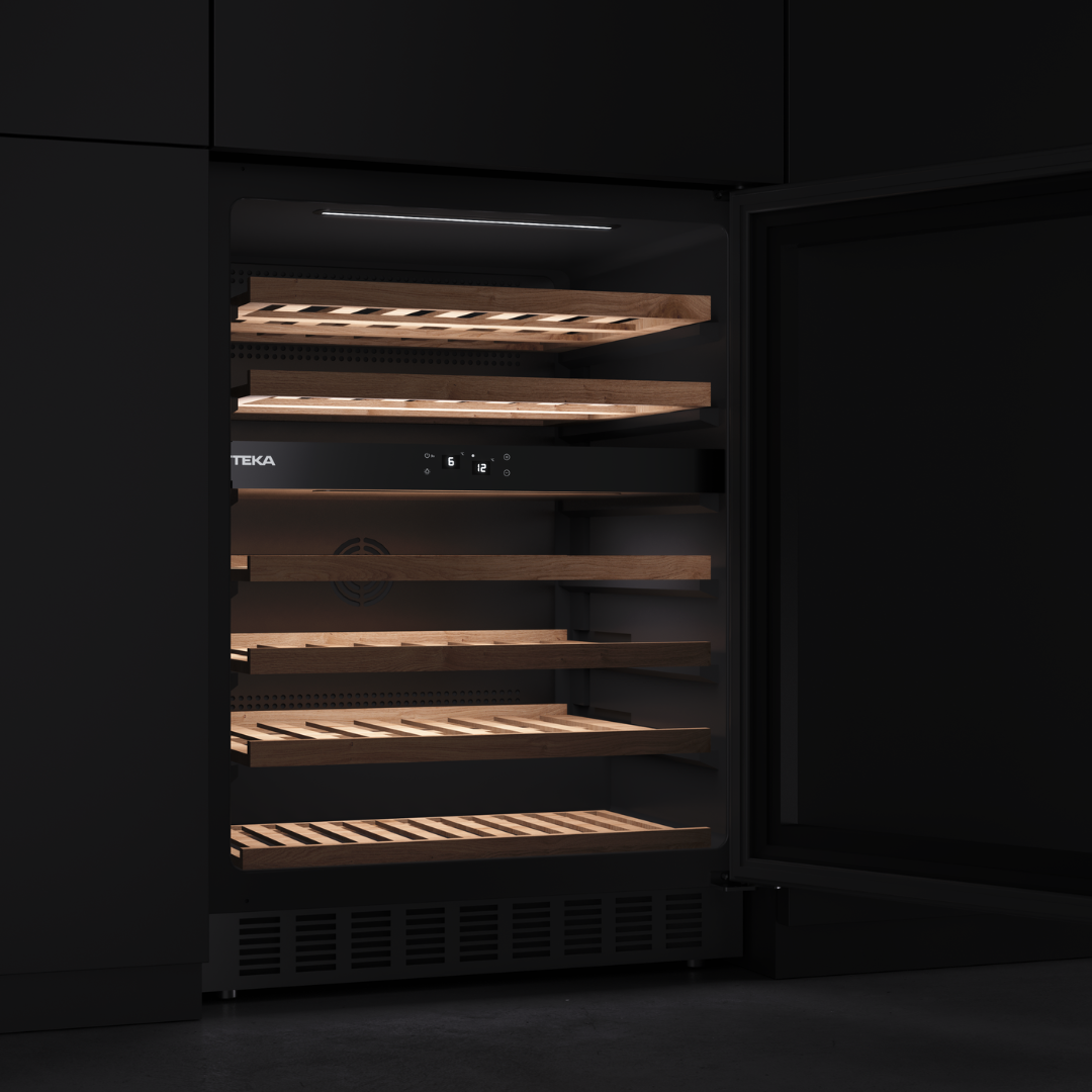 Teka Black wine cooler with wooden shelves in a dark setting
