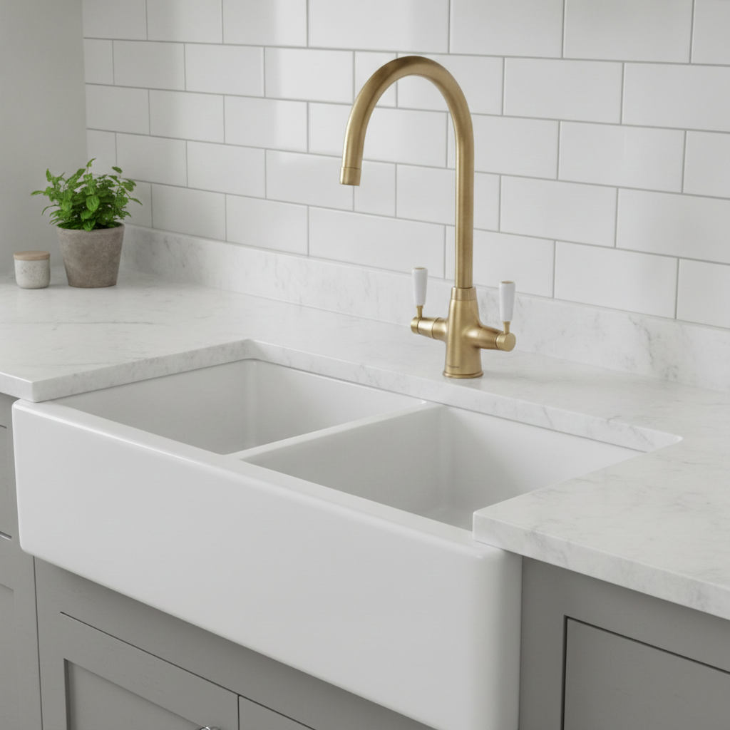 Rangemaster Aquaclassic Dual Lever Tap Antique Brass White Handles TAQCLASSDLABWH