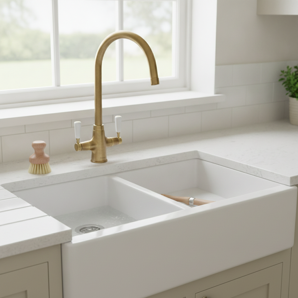 Rangemaster Aquaclassic Dual Lever Tap Antique Brass White Handles TAQCLASSDLABWH