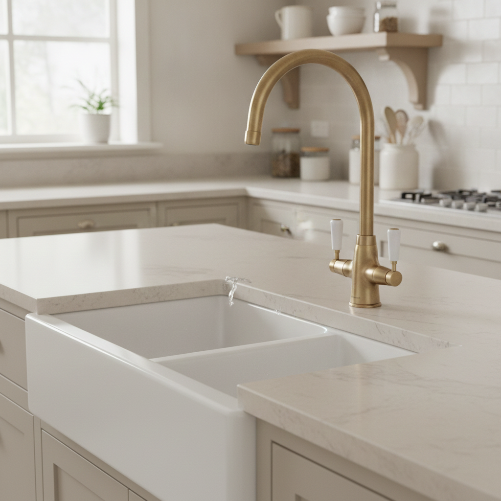 Rangemaster Aquaclassic Dual Lever Tap Antique Brass White Handles TAQCLASSDLABWH