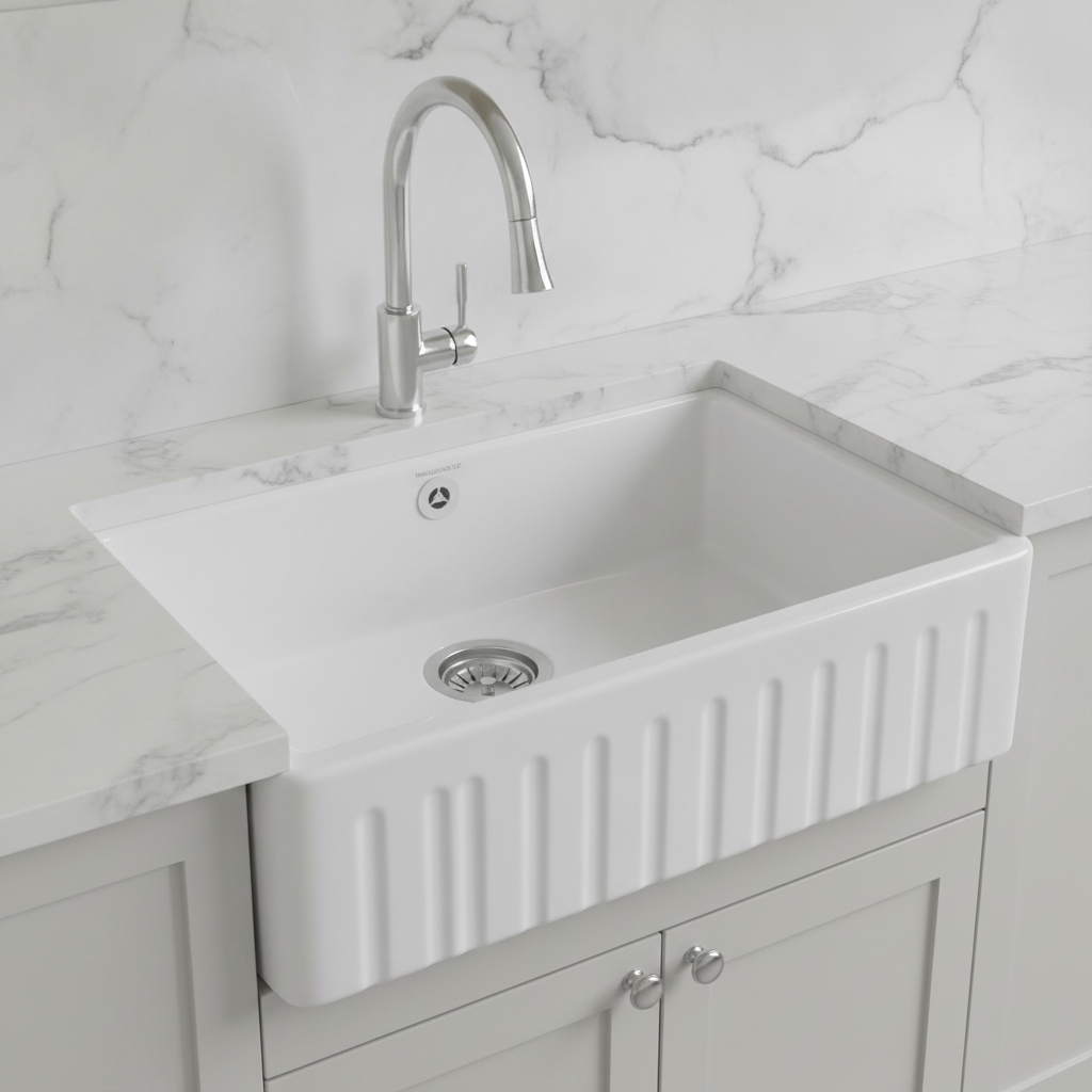 Rangemaster Harmony Fluted Belfast Fire-Clay Ceramic 595 x 450mm 1 Bowl Sink CHBL595WH