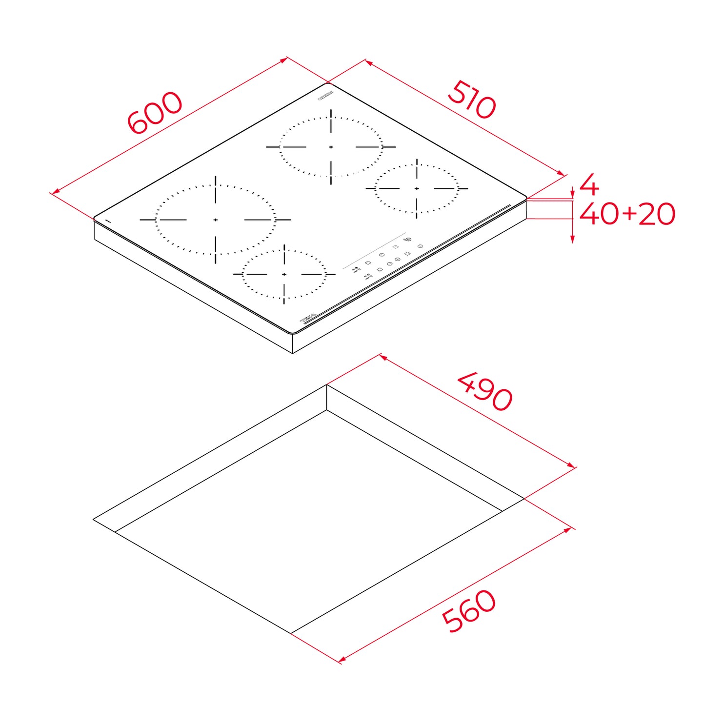 Technical drawing of a kitchen stove with dimensions labeled
