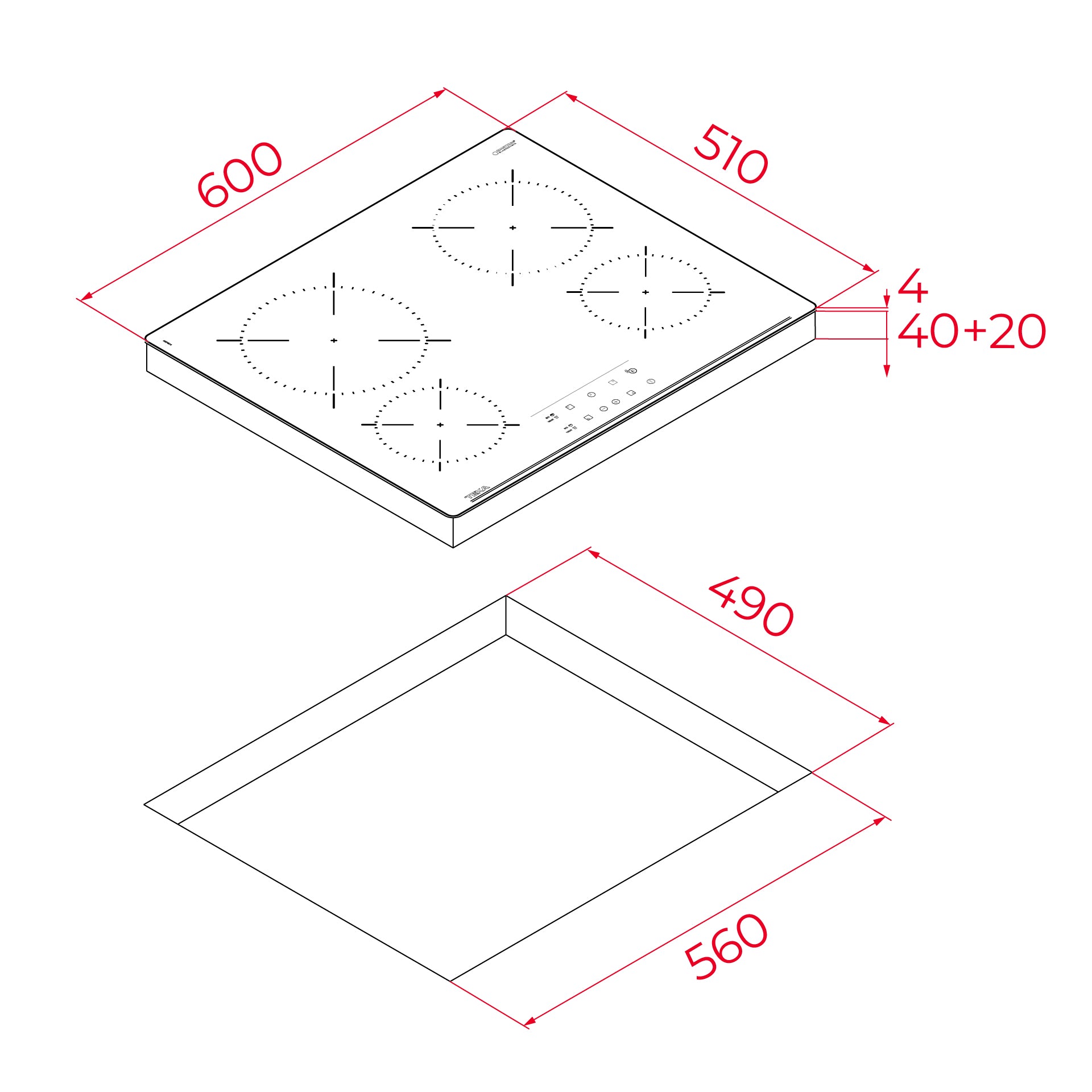Technical drawing of a kitchen stove with dimensions labeled