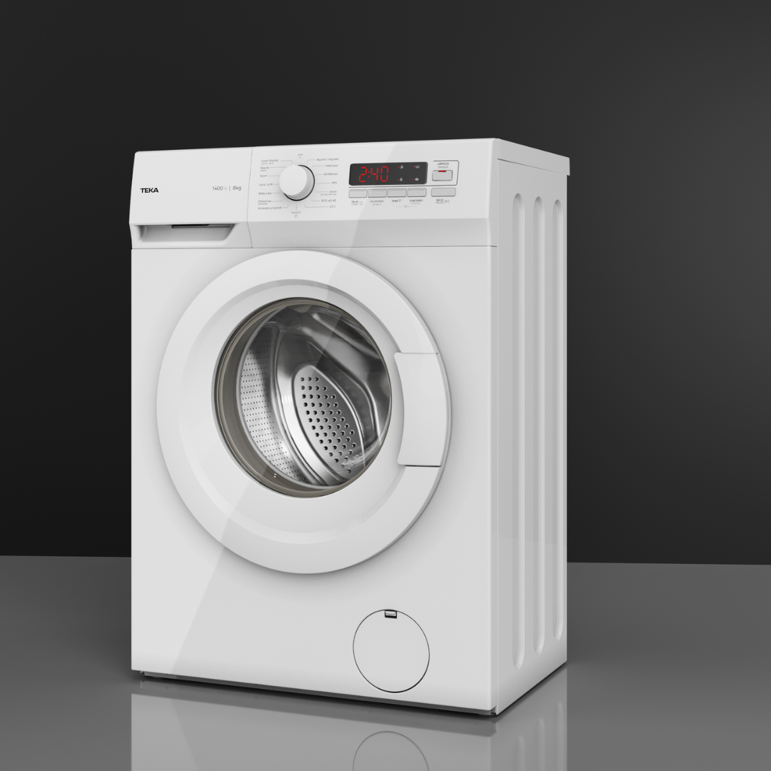 White TEKA Washer Dryer on a reflective surface with a dark background