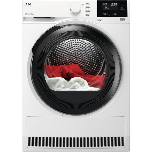 AEG White dryer with a transparent door showing red and white clothes inside, brand 'AEG' visible.